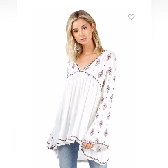 Free People Ivory Embroidered Bell Sleeve Tunic Top Boho Size S - Picture 2 of 13